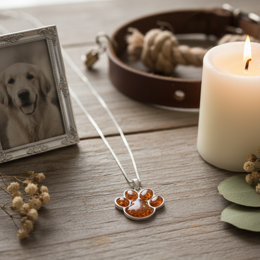 paw print pet memorial necklace on a remembrance altar