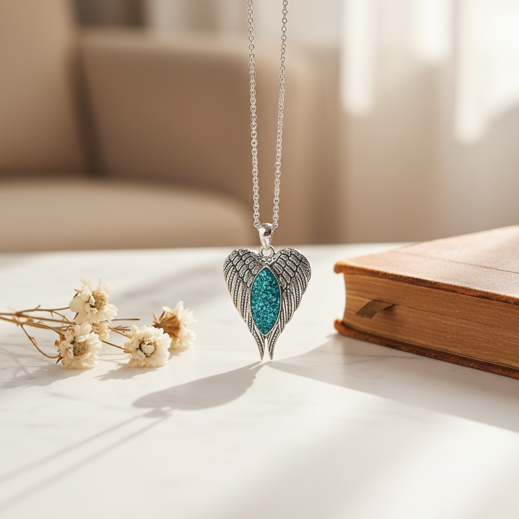 angel wings ashes memorial necklace with book