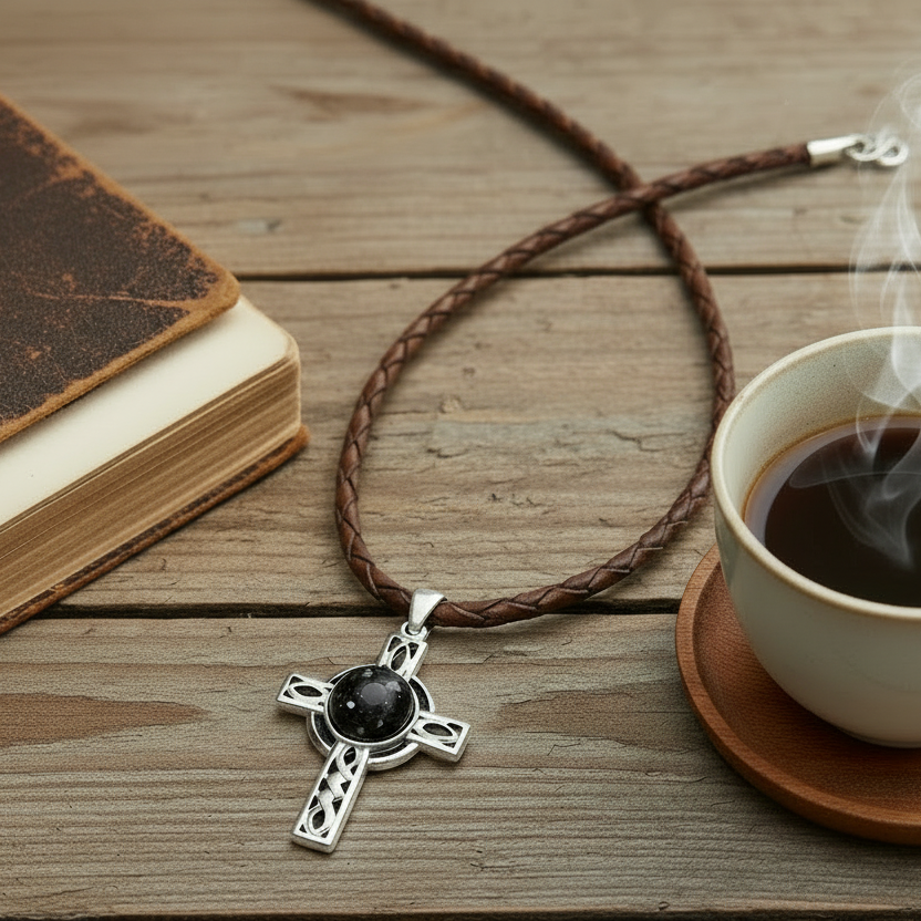 celtic cross memorial necklace with leather on a wood background