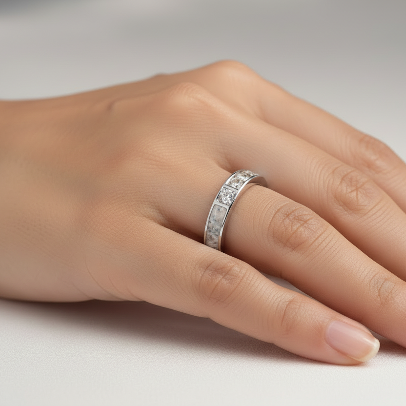 diamond eternity channel set ashes ring on models hand