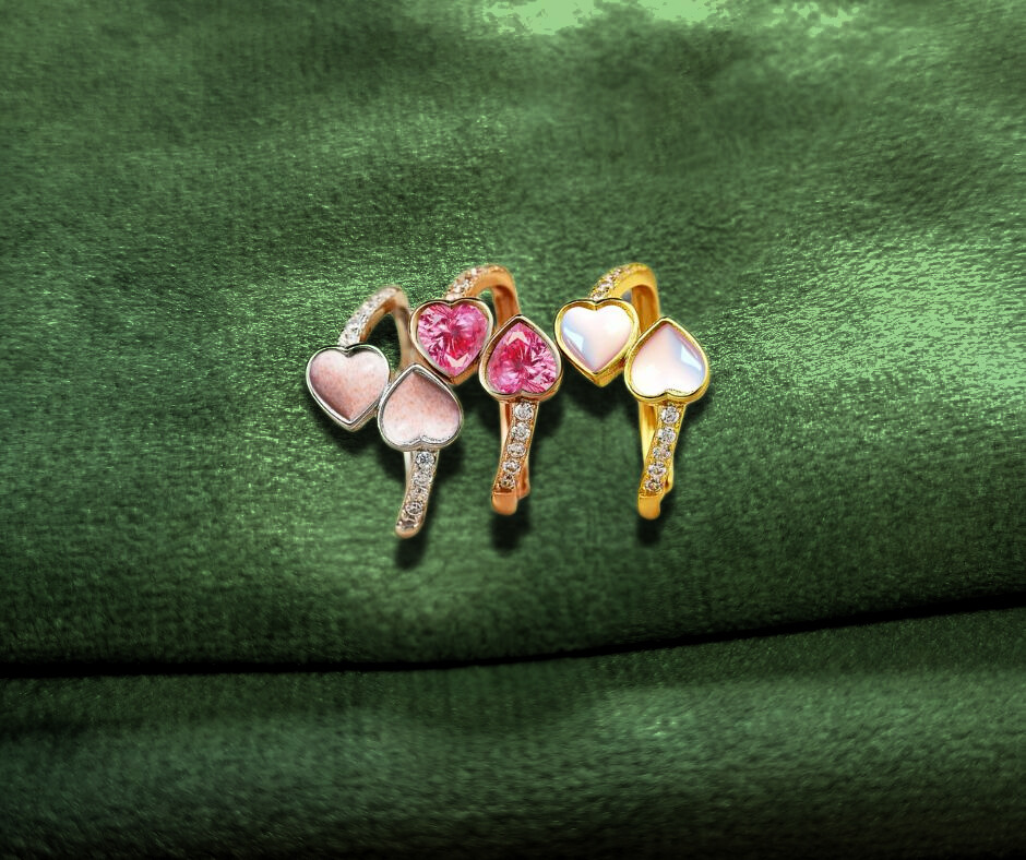 double heart ashes memorial rings in sterling silver, rose gold and yellow gold
