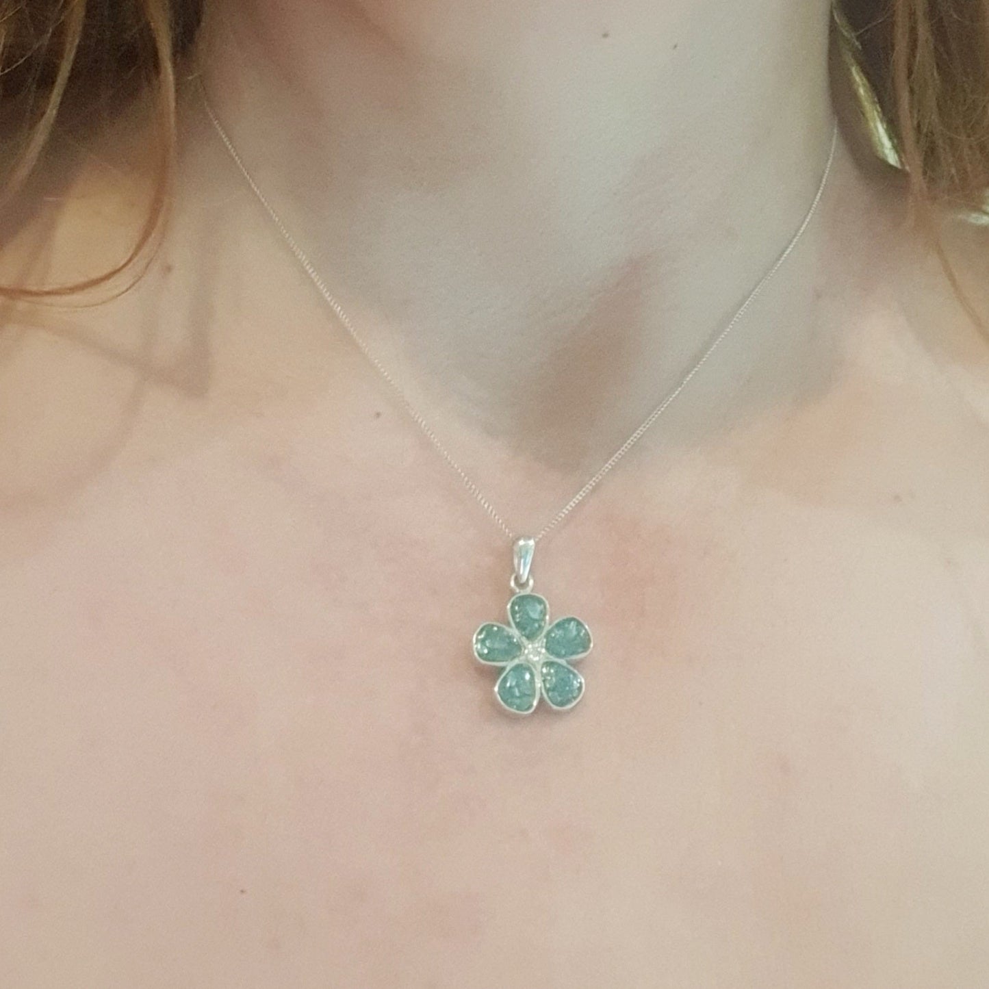forget me not ashes necklace on model