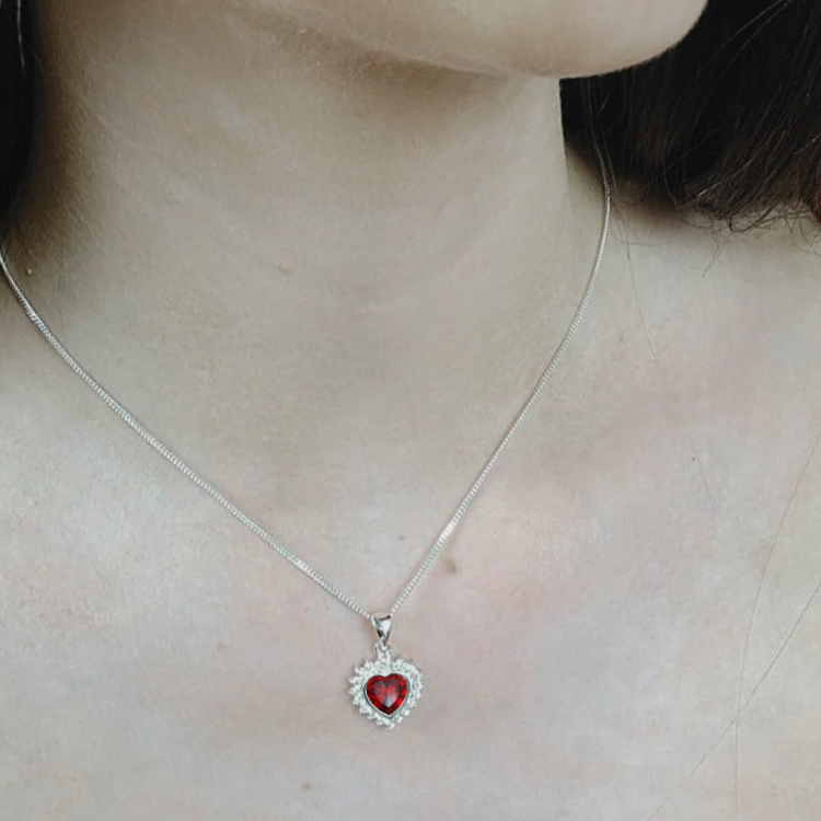 garnet heart ashes memorial necklace on model