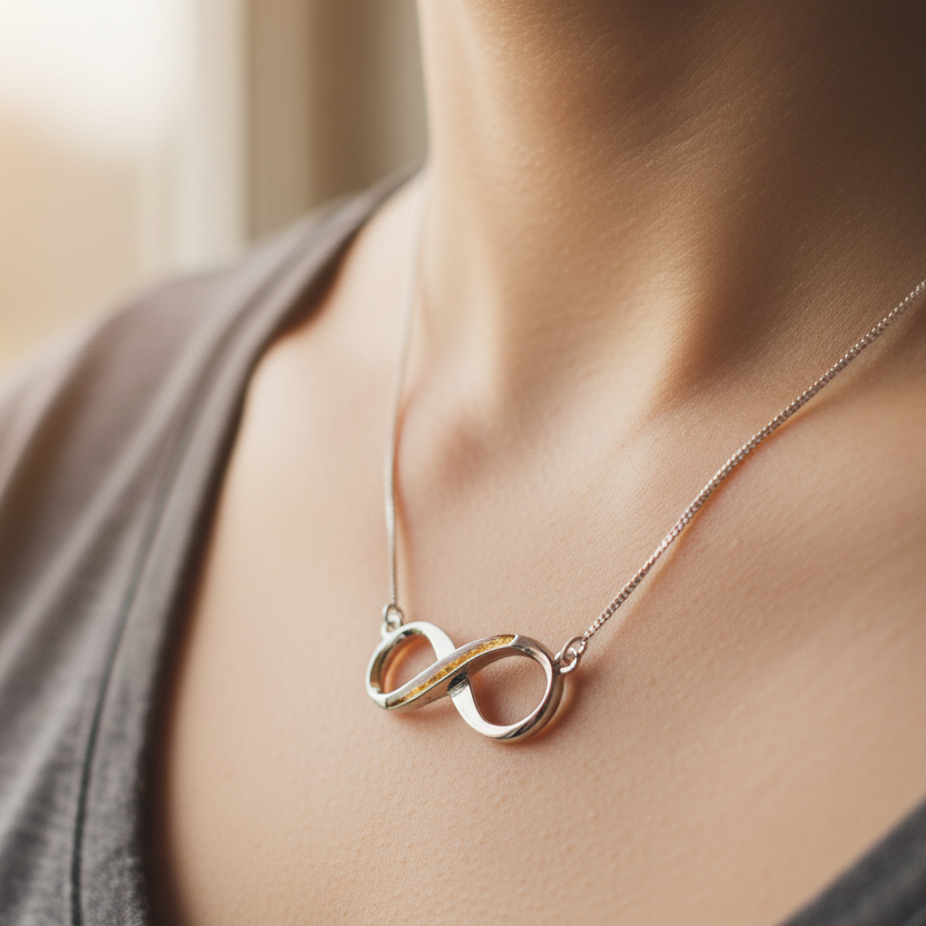 infinity ashes necklace on with yellow stone on a model