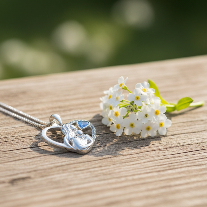 mother baby ashes necklace on wooden background