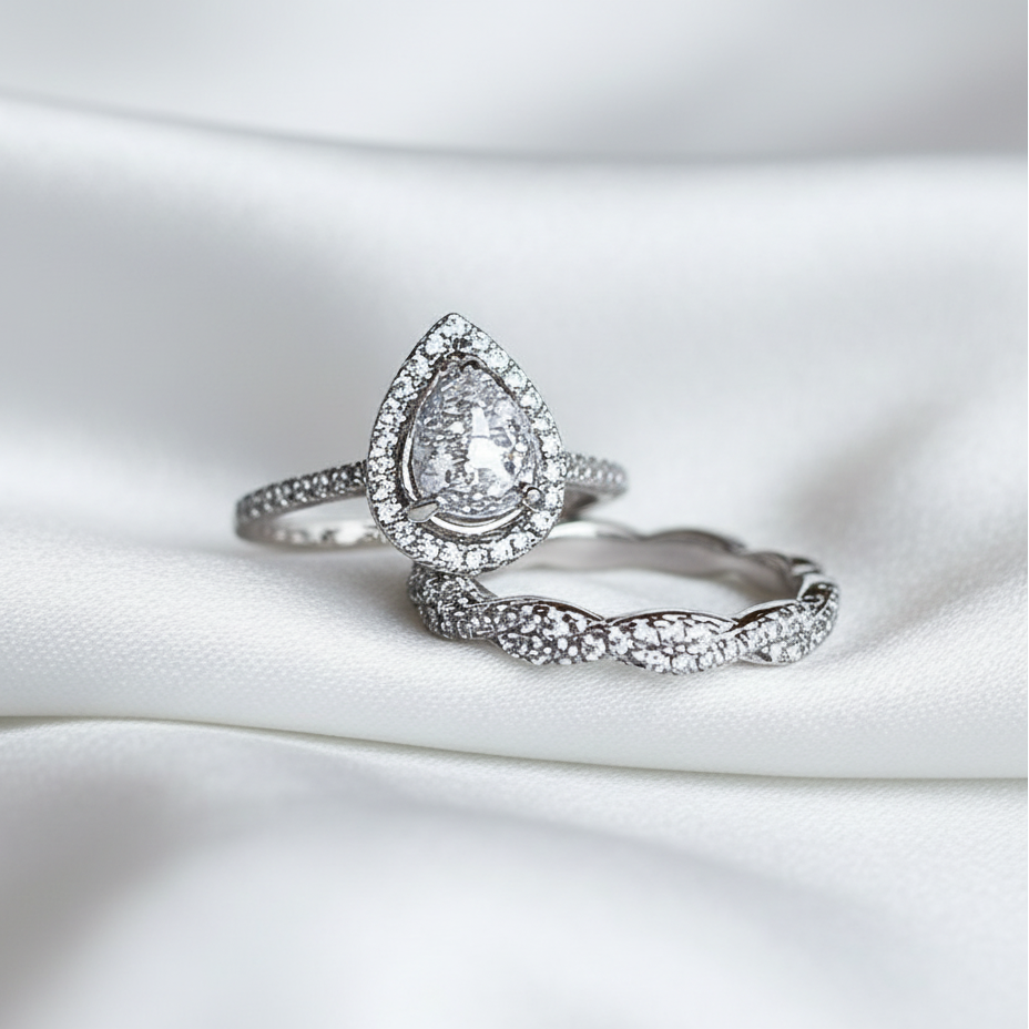 Pear Halo Twist Memorial Ring Set with Cremation Ashes – Sterling Silver Ashes Engagement & Wedding Ring Alternative