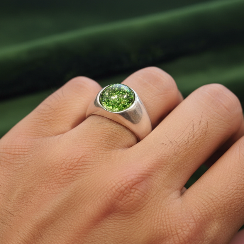round ashes men's signet ring with a peridot stone on a models hand