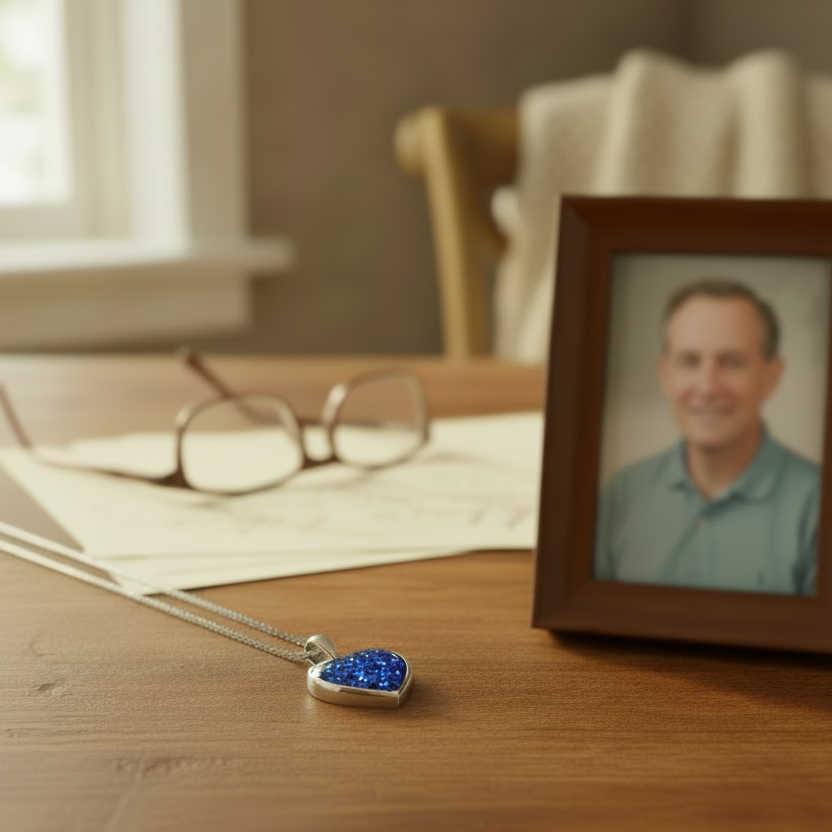 heart ashes memorial necklace with photo in background