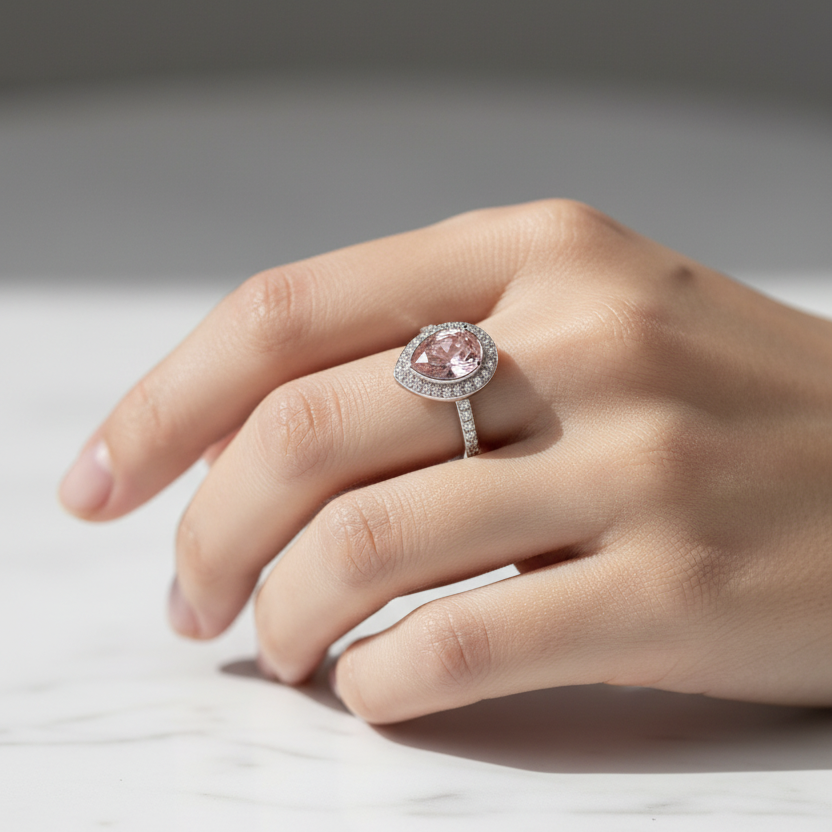 A pear-shaped ashes memorial ring with a halo of cubic zirconia on sterling silver band, resting on a soft white feather background.