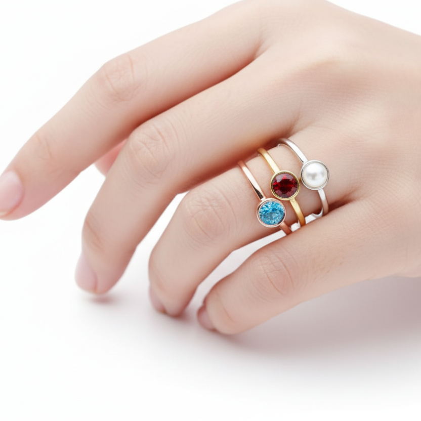 14ct gold ashes memorial rings on model with round solitaire stones featuring pearl ashes, garnet ashes and blue topaz ashes stone