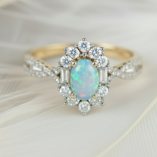 opal ashes memorial ring in 14ct gold set with moissanite in an art deco style ring