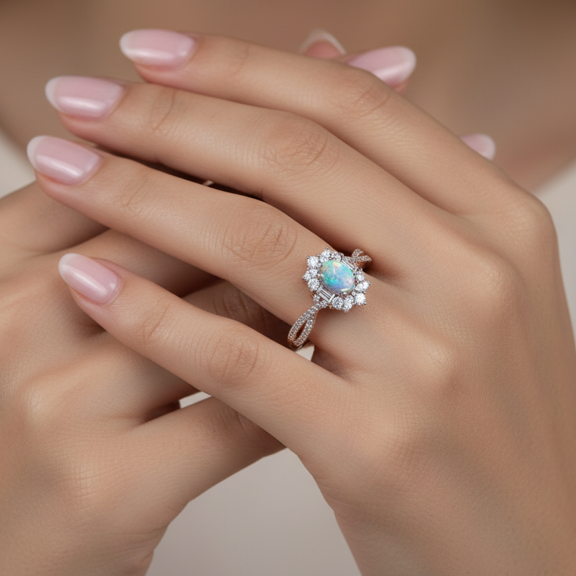 crossover ring in art deco style set with moissanite , and central oval memorial stone made with cremation ashes.