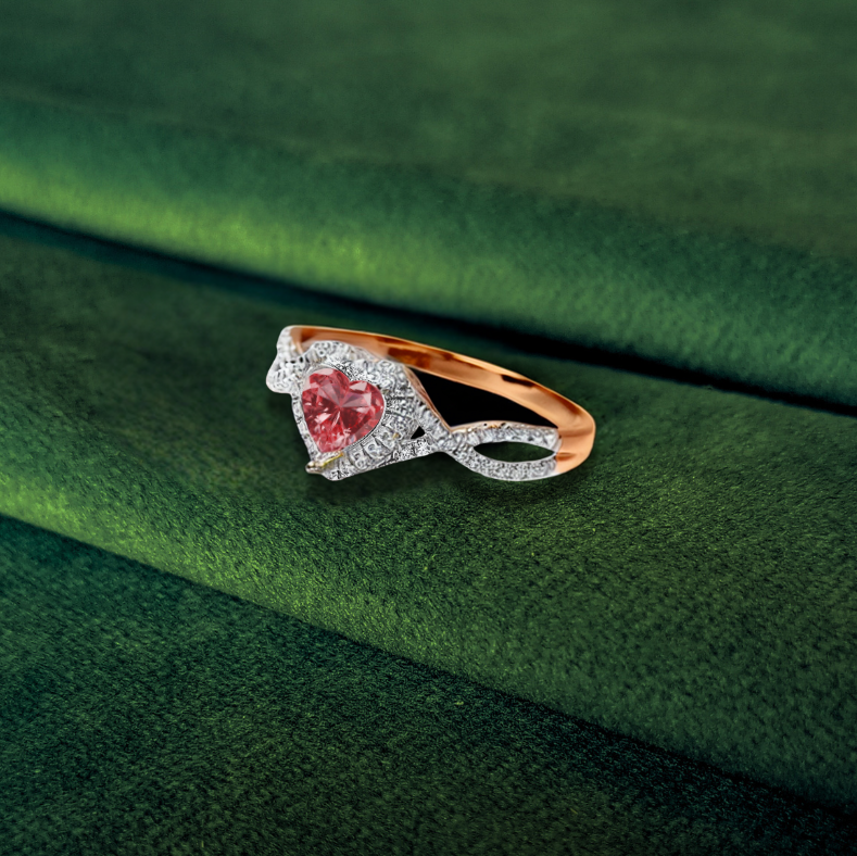 14ct rose gold heart ashes crossover ring on green velvet