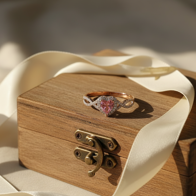 14ct rose gold heart ashes crossover ring on green velvet