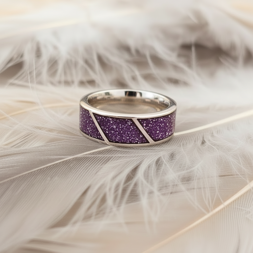 men's ashes memorial ring in 8mm silver with 3 channels on a background of feathers