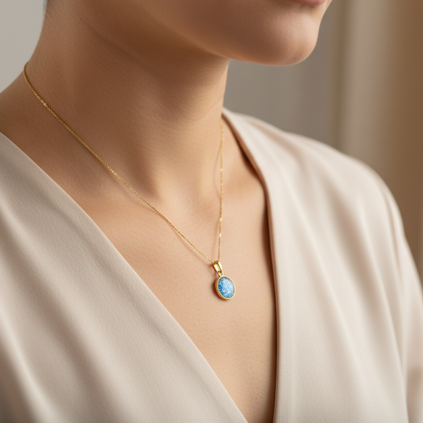 Gold necklace with a blue ashes memorial pendant on a model