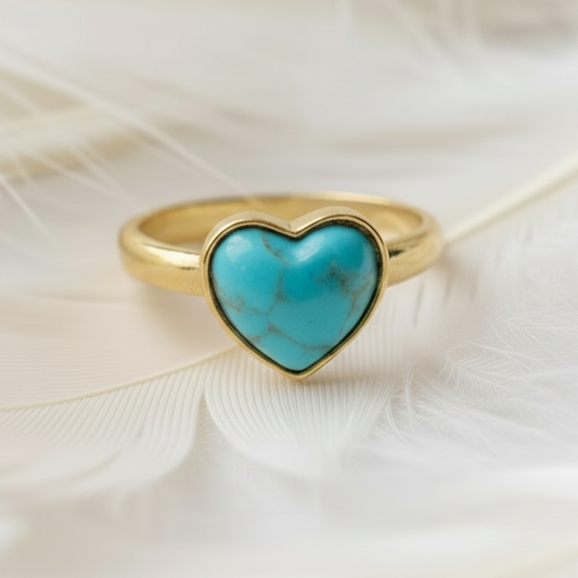 plain heart ashes memorial ring in 9ct gold with turquoise ashes stone, on feather background