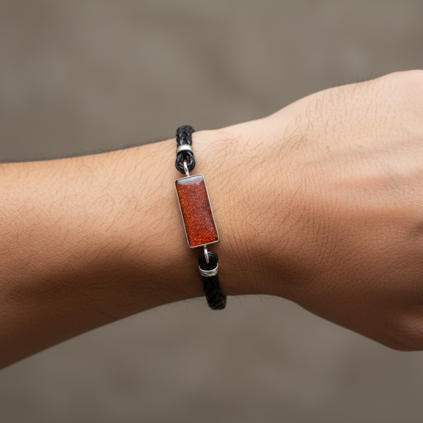 mens ashes memorial bracelet made of leather on a mans arm