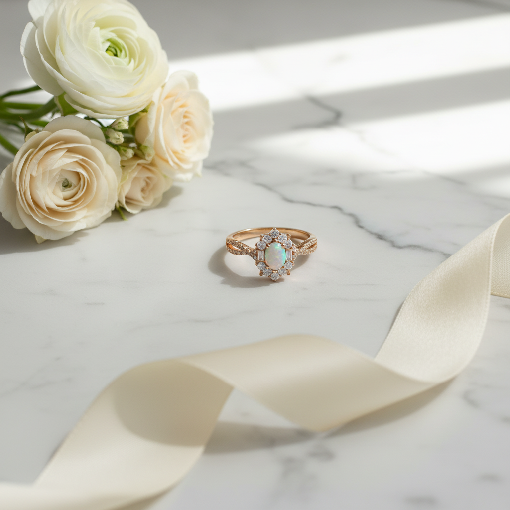 14ct white gold ashes ring with a central gemstone in an art deco vintage crossover design