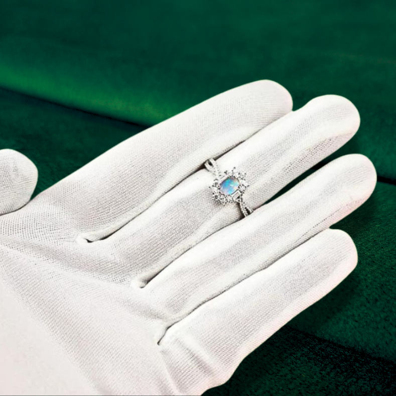 14ct white gold art deco style ashes memorial ring on hand