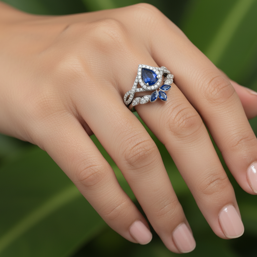 Hand wearing an ashes ring with a blue gemstone against a green leafy background
