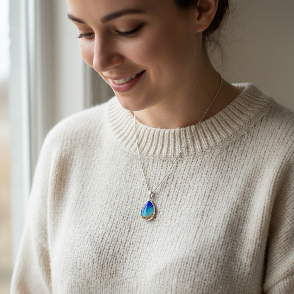Necklace with a teardrop-shaped pendant on a green fabric background, featuring the brand 'Ashes Necklaces'.