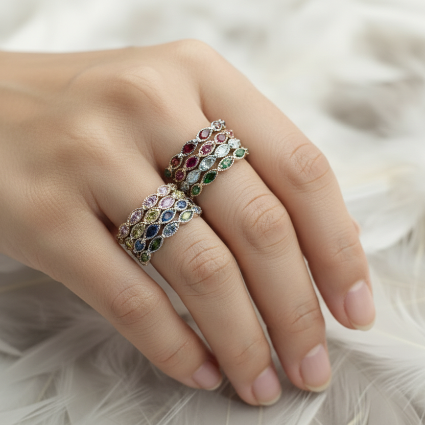 birthstone ashes memorial eternity rings on a hand 