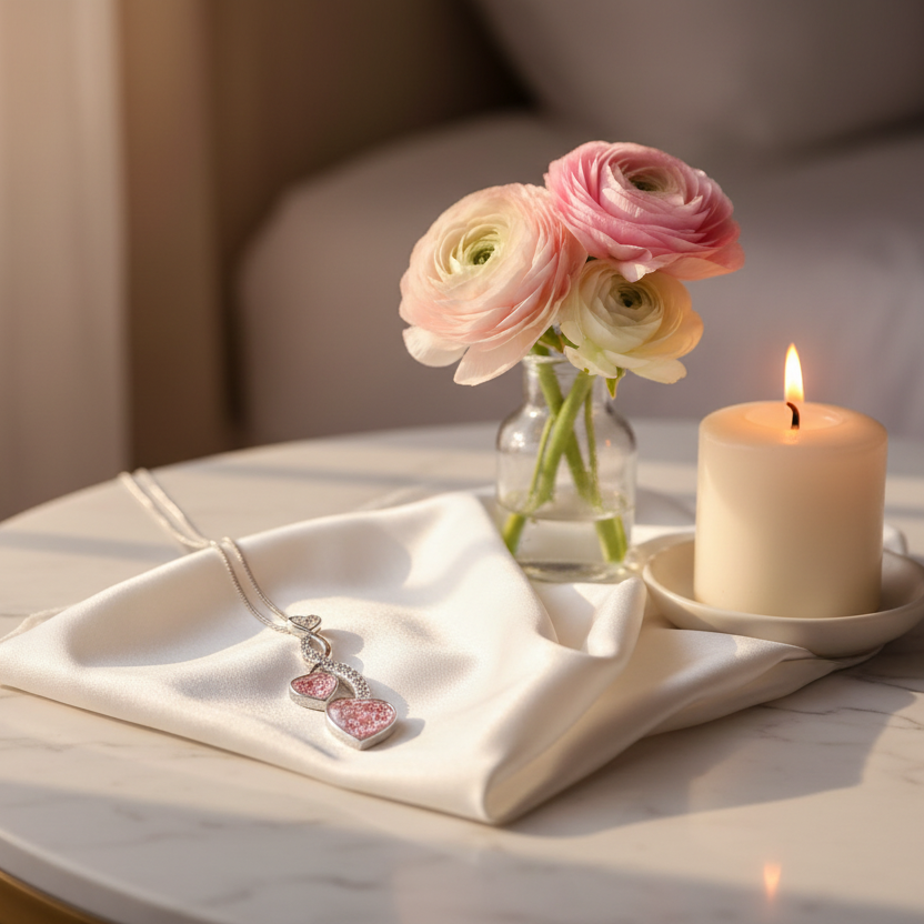 double heart ashes memorial necklace on a satin background with candle