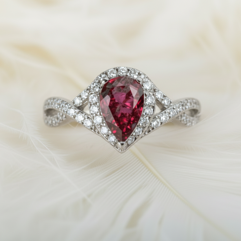 Silver crossover teardrop ring with a red ashes memorial stone on feather background