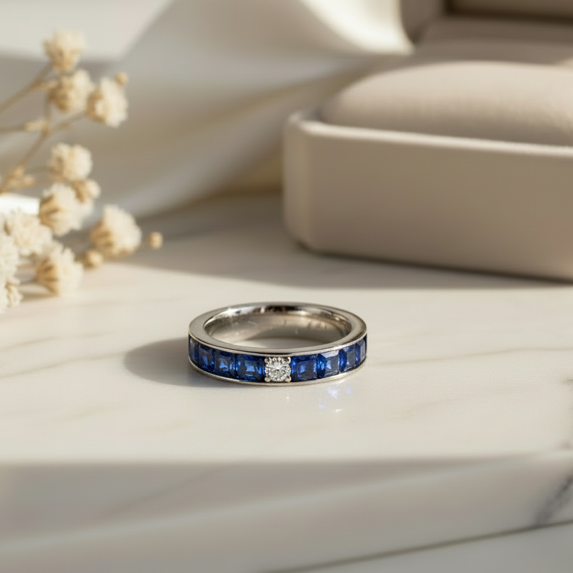 channel set ashes ring with sapphire resin ashes and centre natural diamond