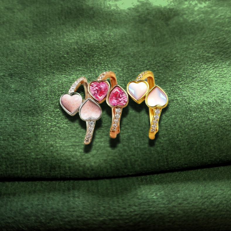 double heart ashes memorial rings in sterling silver, rose gold and yellow gold