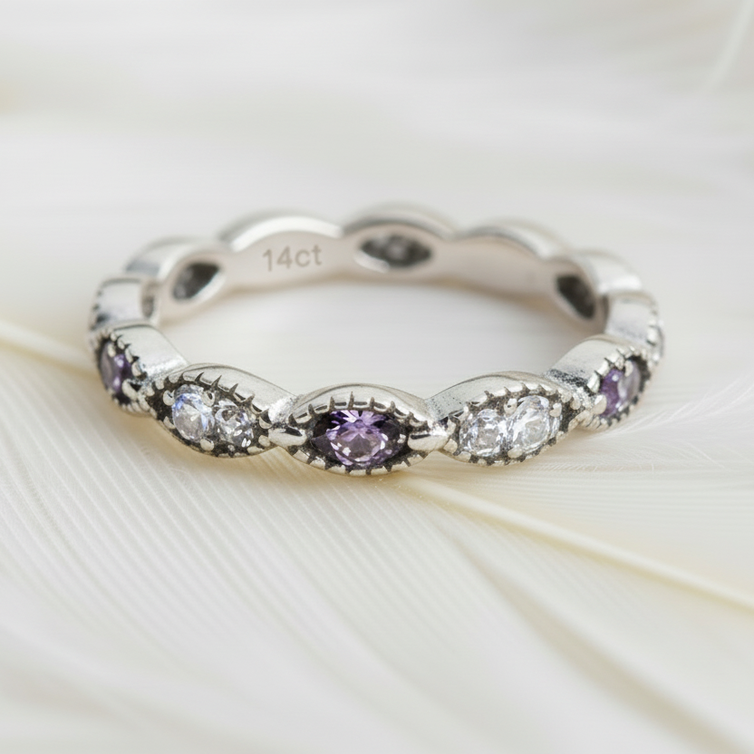 white gold ashes memorial ring featuring birthstones in an eternity band