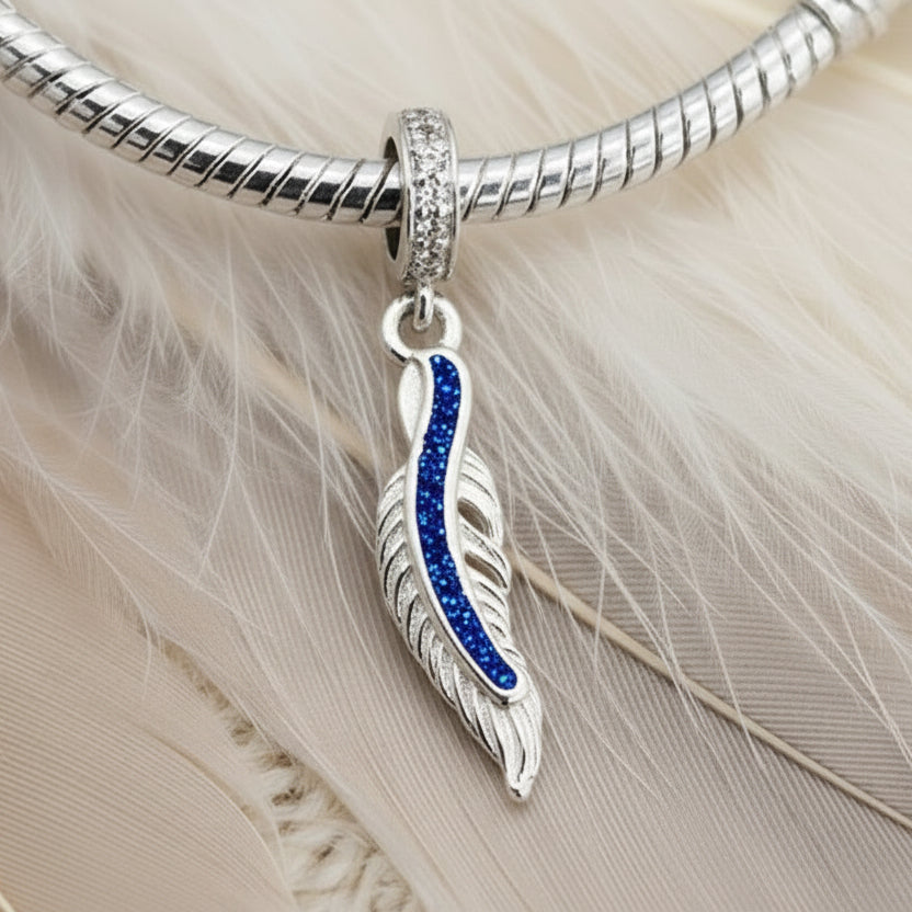 silver pandora style feather drop charm with ashes memorial