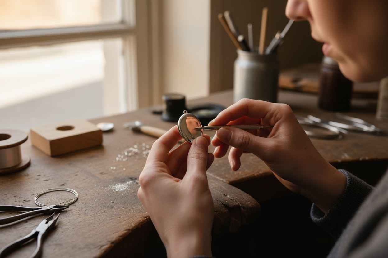 female hands making a small plain oval locket 