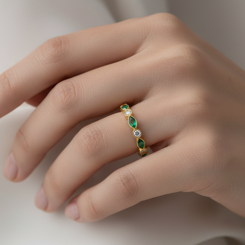 yellow gold eternity ring set with genuine diamond and emerald cremation ashes 