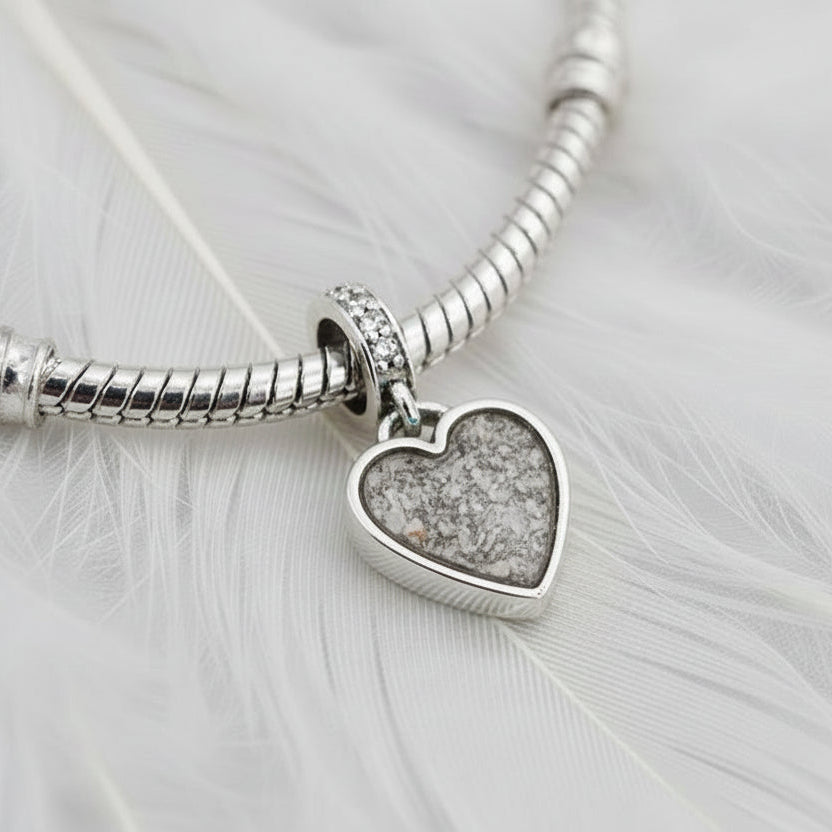 silver heart drop charm with cremation ashes for pandora bracelet