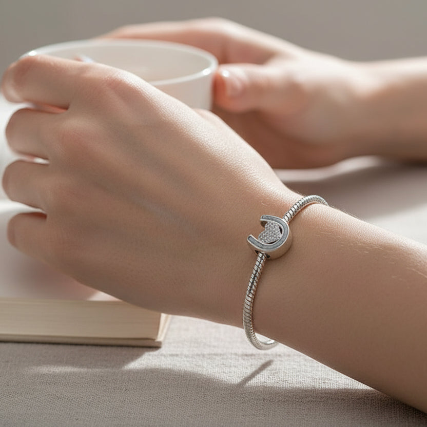 Silver  pandora ashes charm with heart and horseshoe design on a white feather background