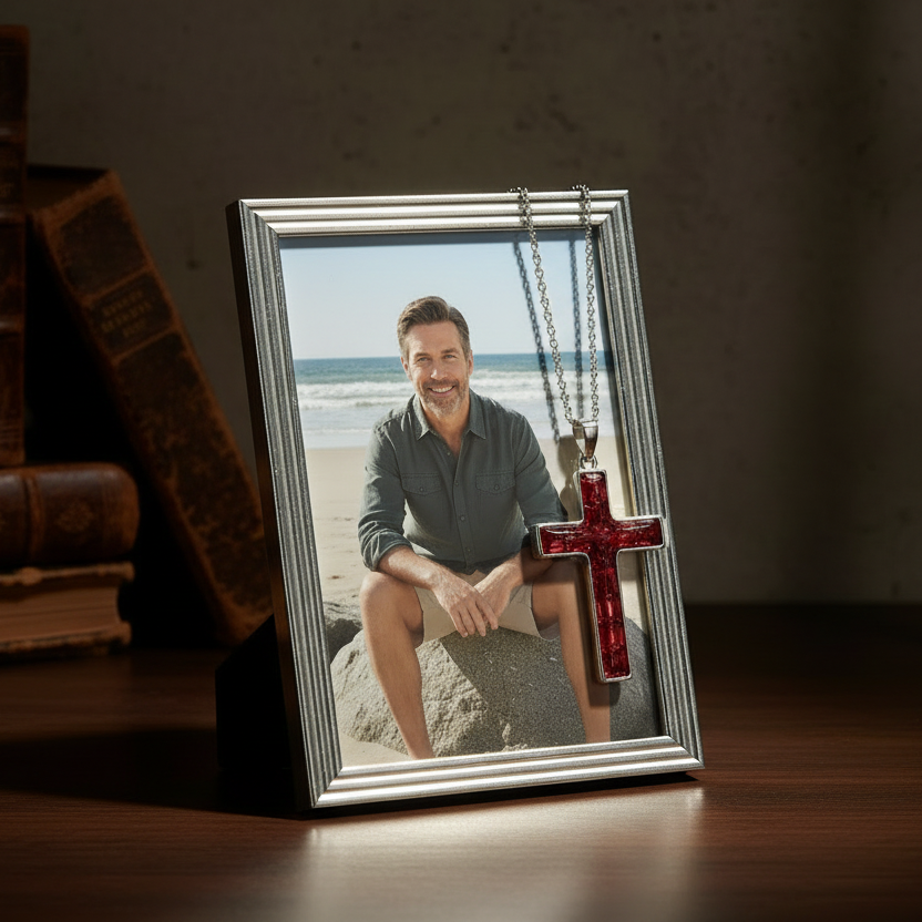 framed photo of a memorial display featuring a photo of dad and a cross ashes necklace