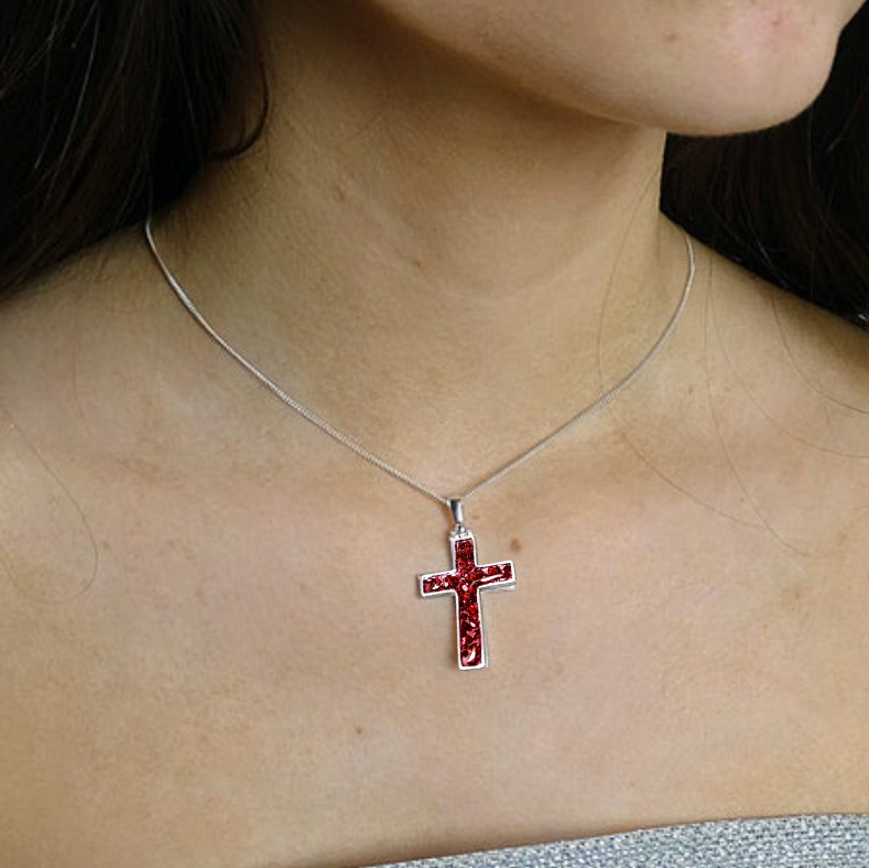 cross ashes memorial necklace on model