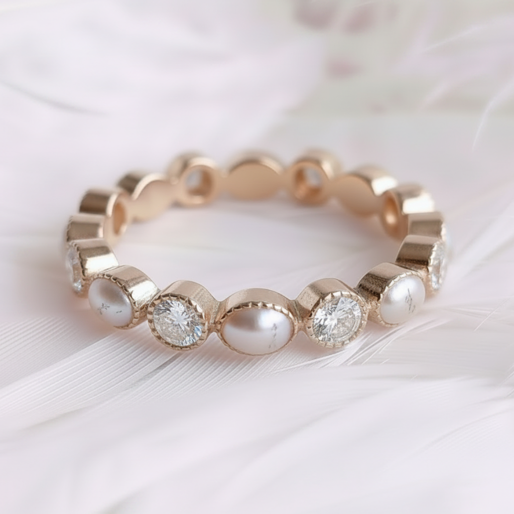 14ct or 18ct gold ashes eternity ring with white pearl ashes stones and genuine diamonds, resting on a soft white feather background. 