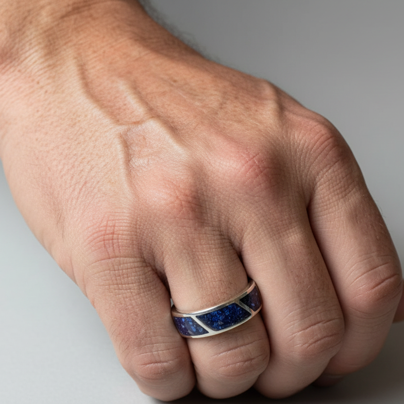 mens ashes ring in blue on hand