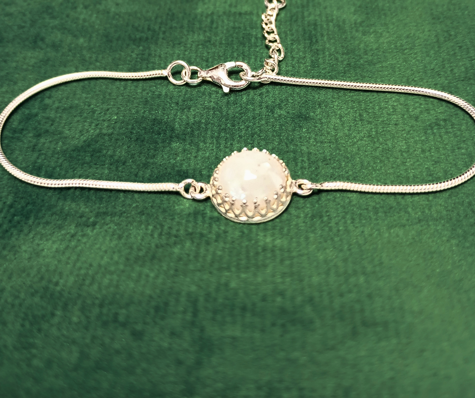 Sterling Silver Ashes Bracelet – Filigree Bezel with Round Memorial Stone – Custom Colour