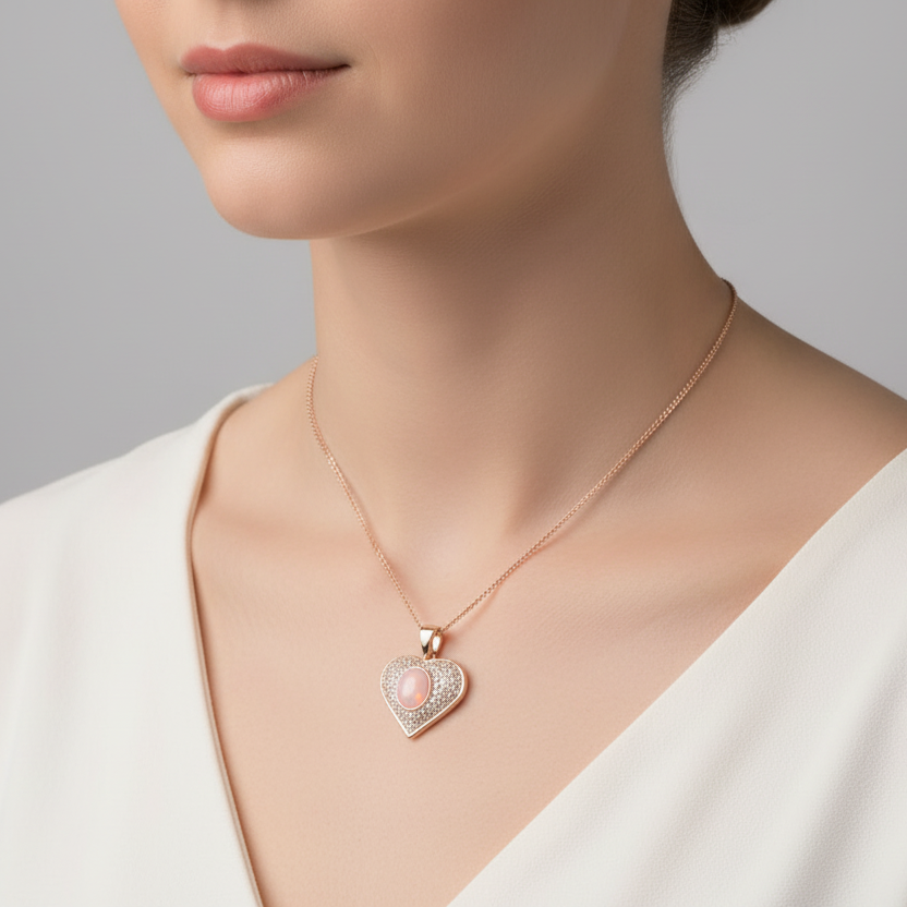 pink opal ashes necklace on a model