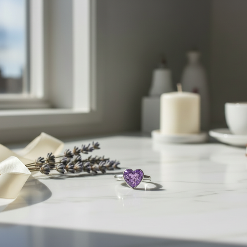 Heart-shaped purple ashes ring on a white background