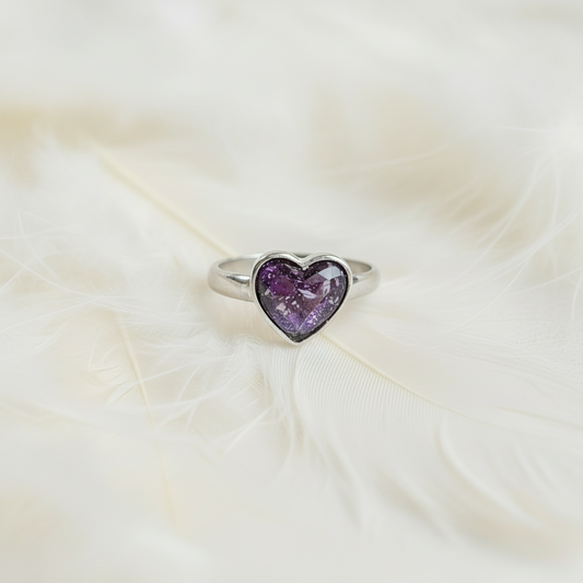 heart ashes ring in sterling silver with handmade cremation stone in amethyst