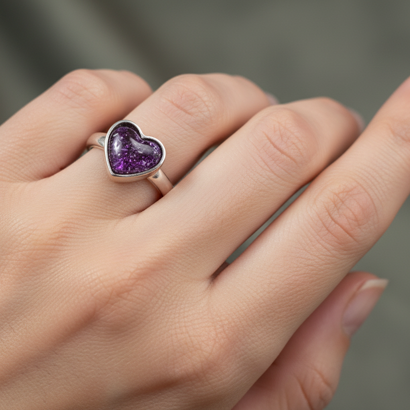 heart shaped ashes memorial ring on models hand