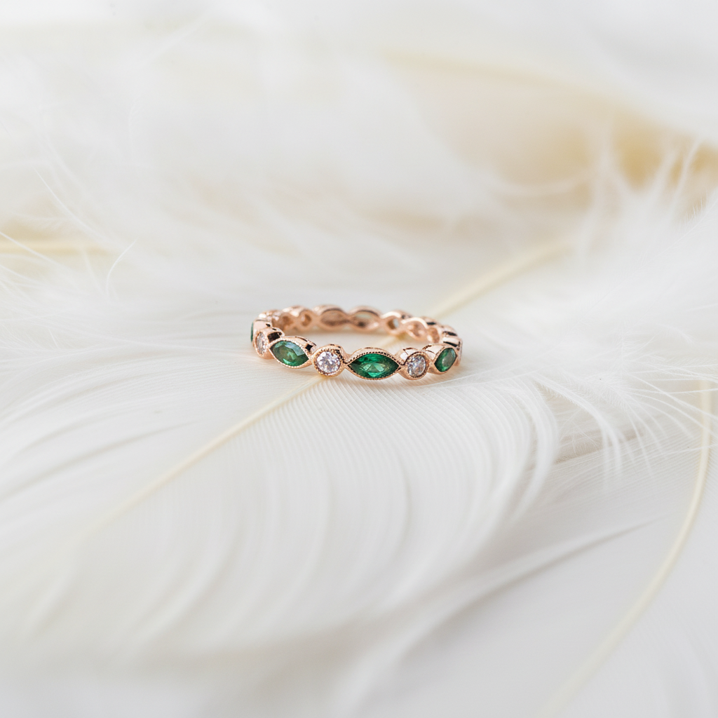 rose gold eternity ring set with real diamond and emerald ashes stone