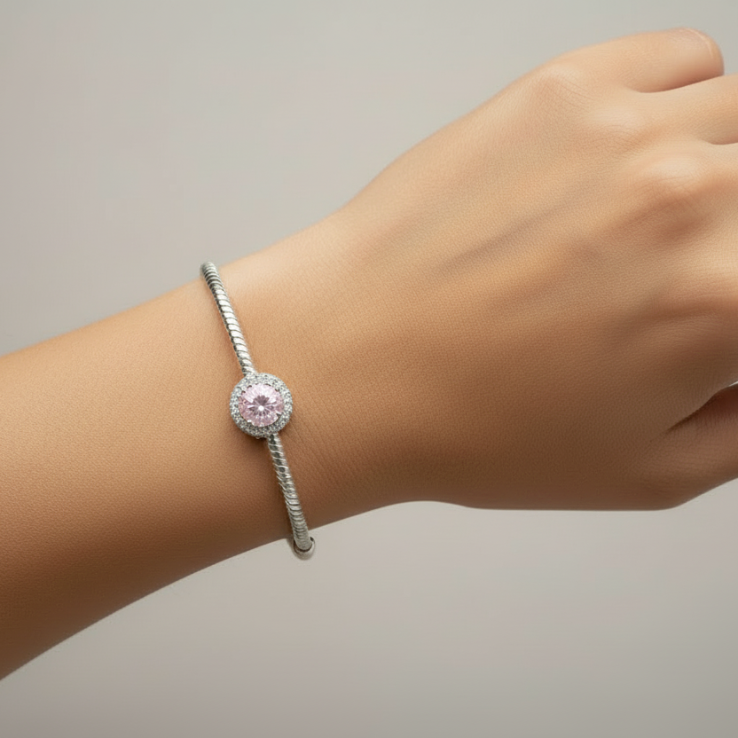 round cz halo ashes charm for pandora bracelet on model