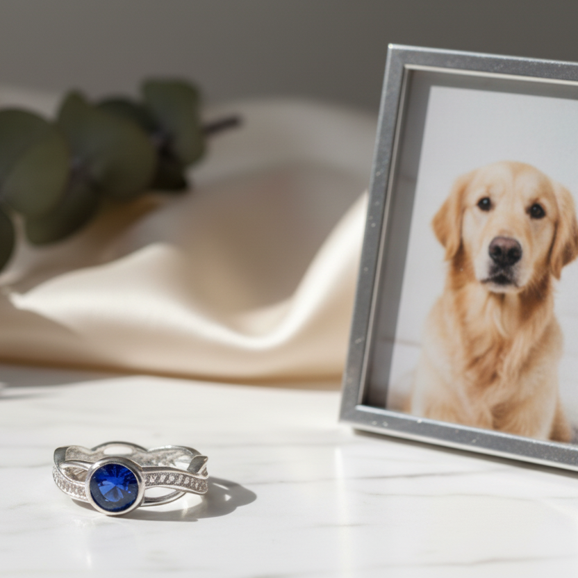 round twist plaited ashes ring with blue sapphire stone