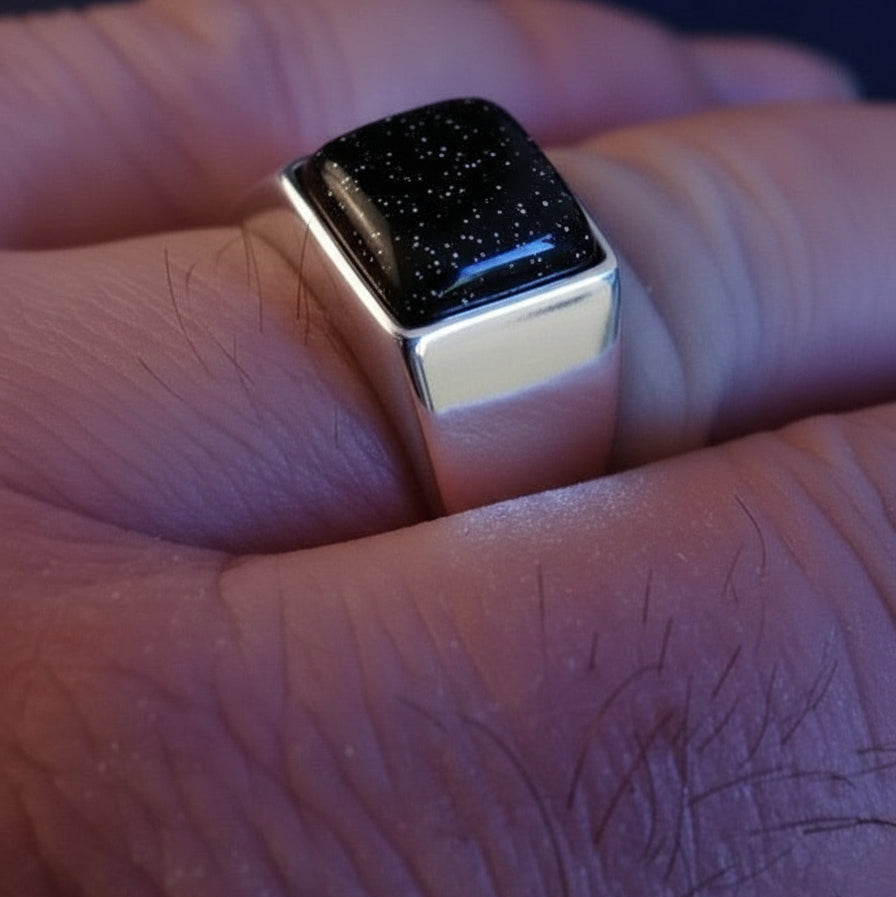 mens signet ashes ring in black onyx